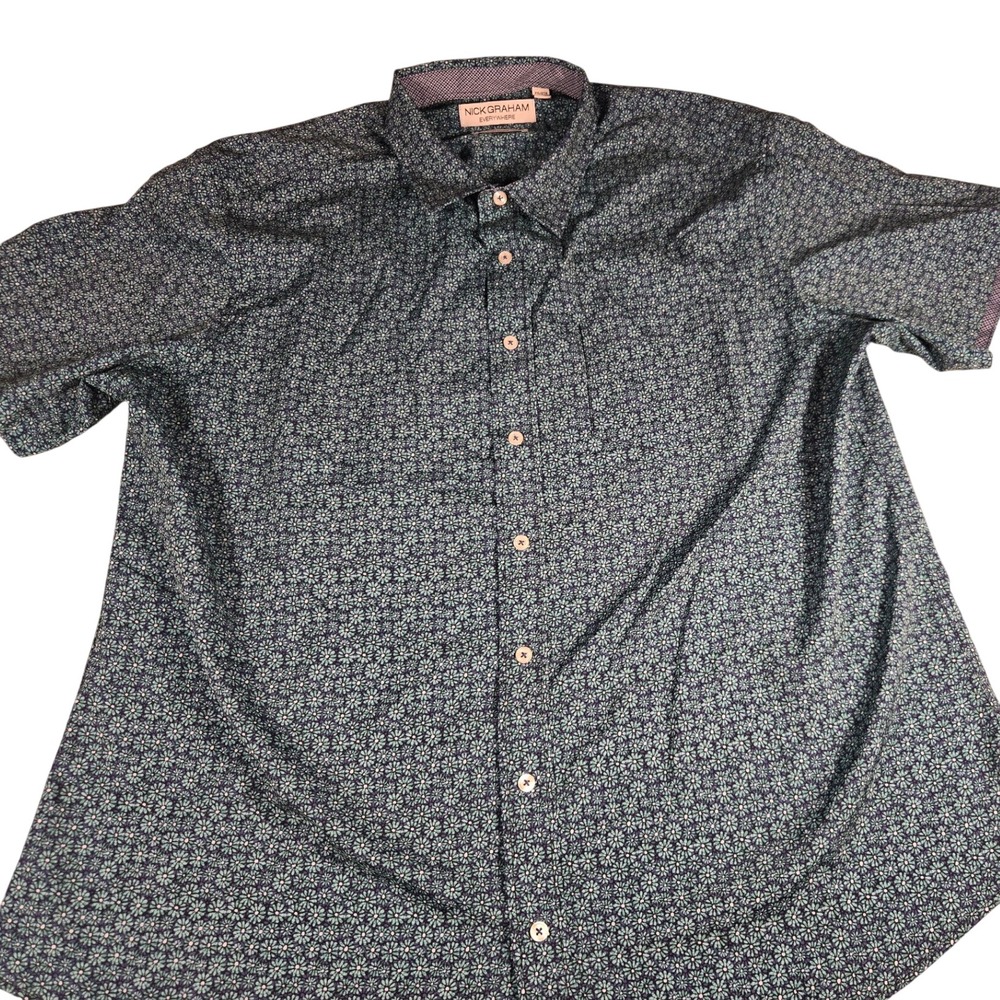 Nick Graham Everywhere Mens Teal Blue Daisy Floral Shrt Sleeve Button Down Shirt